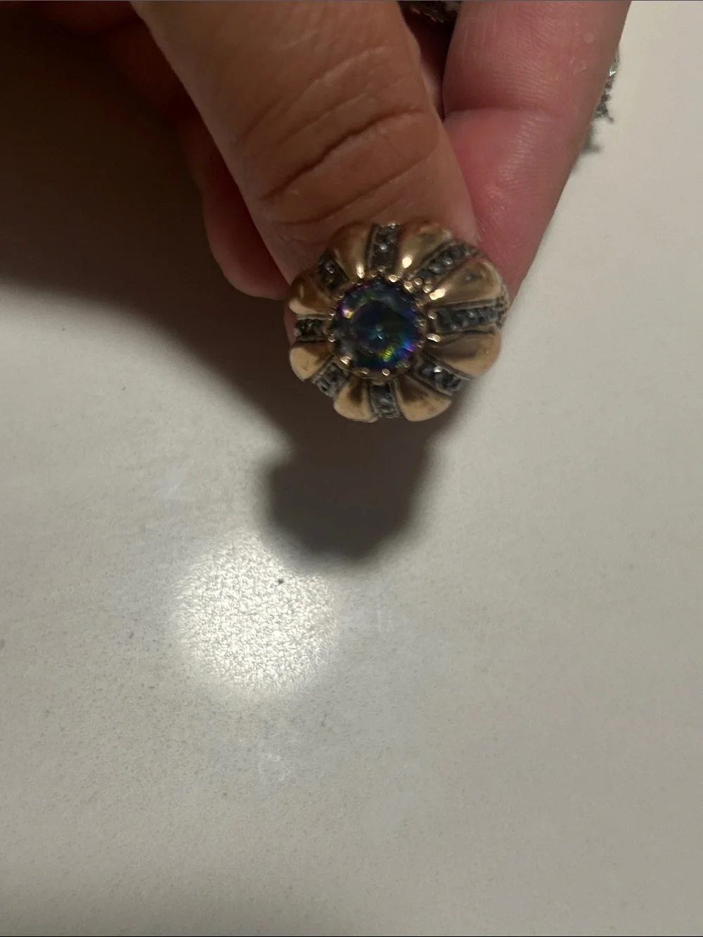 Vintage Gold-Bronze Tone Dome Ring with Blue Center Stone Adjustable